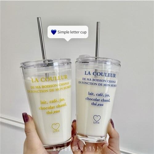 Korean Style Can Be Salt Can Be Sweet English Printing Simple Straw Water Cup Breakfast Cup Large Capacity Glass Couple