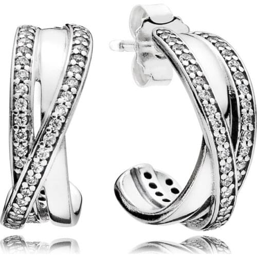 Boho Earrings 925 Sterling Silver Entwined Half Stud Earrings With Clear CZ stone For Women Girls Ethnic Jewelry