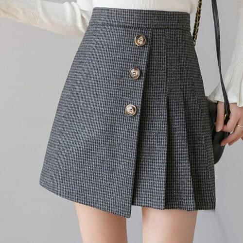 Woolen A-Line Pleated Womens Mini Skirt Irregular Sweet Button High Waist Preppy Style Girl Skirts 2021 Autumn Winter Bottoms