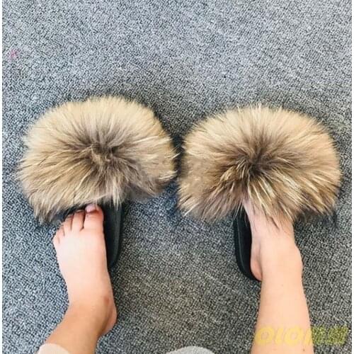 2020 real fox fur slippers for kids Raccoon Slides Beach Slippers Chinelos Menina Slippers Girl Slippers For Children EU24-35