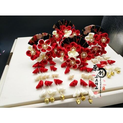 Japanese Hanfu Kimono Geisha Red Sakura Hair Clip Antiquity Hair Accessories Fan Bell Tassel Hairpin Tsumami zaiku Headdress
