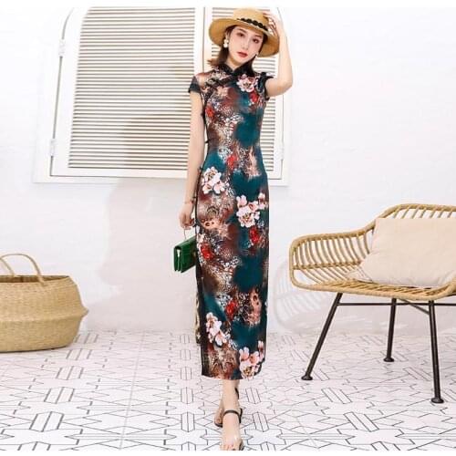 Green Long Cheongsam Traditional Chinese Dress Double Layer Short Sleeve Qipao Oriental Style Dresses China Robe Chinoise