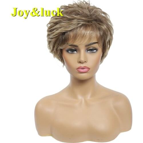 Joy&luck Short Wig Brown Mix Blonde Color Curly Synthetic Wigs for Women Full Wigs With Bangs Hiar Wigs