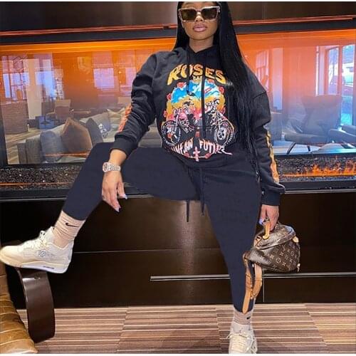 Women Tracksuit 2 Piece Set Autumn Anime Print Oversized Hoodies Sweatshirt Joggers Pants Suit Sweatpants Outfits Matching Set