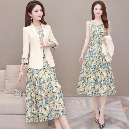 Womens Dress Summer Retro Casual Womens Long-sleeved Mid-length Dress Floral Dress Suit Skirt Two-piece Suit
