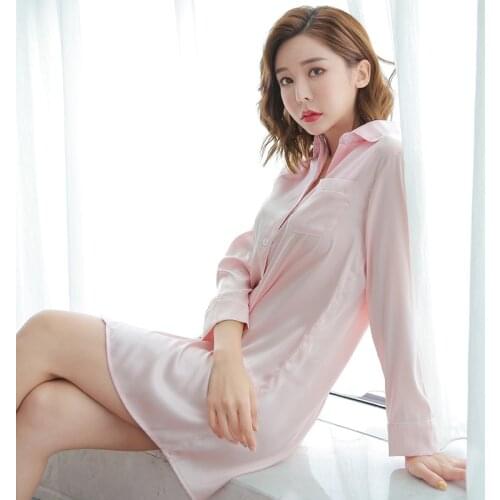 Woman Dress Pajama Womens Formal Dresses Pink Long Sleeve Dress Ice Silk Long Shirt Nightdress Sexy Dress for Women Nightdress