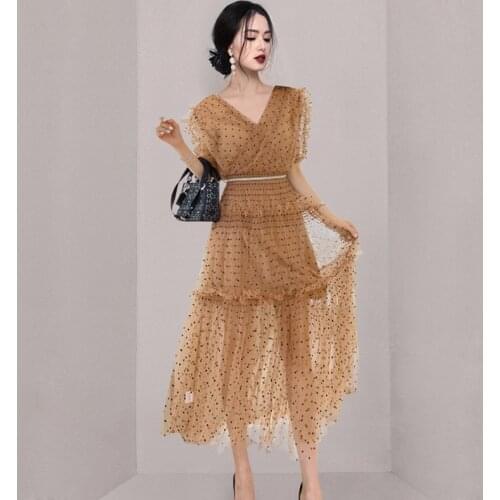 2021 New Summer Runway Desinger Party Dress Women Temperament V-Neck Gauze Polka Dot Cake Dress