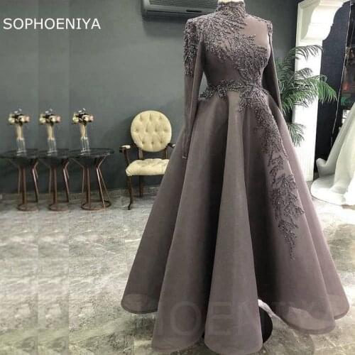 New Arrival Organza Long sleeve evening dresses 2021 Hand Beading Arabia Dubai Evening gown Robe femme soiree
