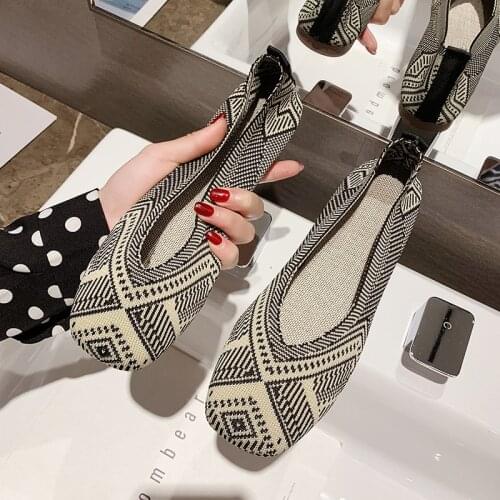2020 Plus Size Spring New Ballet Flats Women Square Toe Knit Fabric Loafers Breathable Flat Heel Drive Shoes Driving Sneaker
