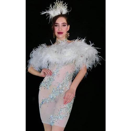 Shining Inlaid Diamond Perspective Short Dresses White Feather Tight Stretch Women Dresses Evening Prom Outfit Nightclub Costume