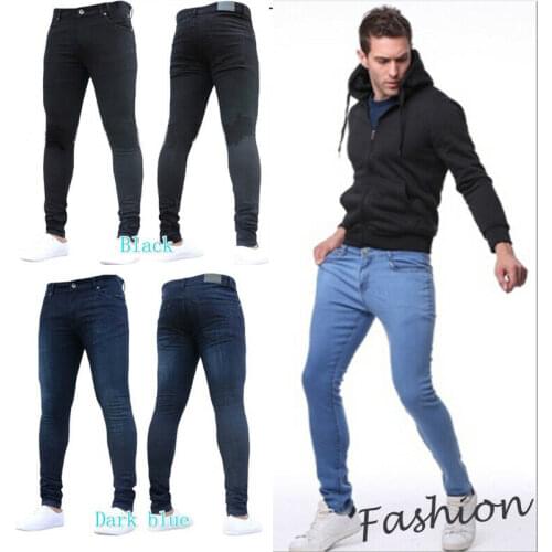 Fashion Mens Skinny Jeans Trousers Solid Color Pencil Pants Male Slim Fit Frayed Denim Pants Black Dark Blue Light Blue