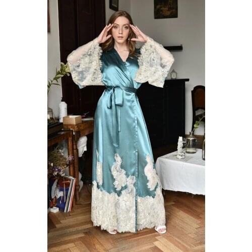 Elegant Blue Women Night Robe Lace Applique V Neck Lingerie Custom Made Bridal Sleepgowns Cheap Sleepwear Party Pajama