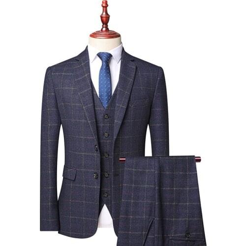 Black Men plaid Autumn Wedding Party Three Pieces Set Male Blazer Coat Pants and Vest Fashion Slim Fit Suit Large Size 3XL 4XL