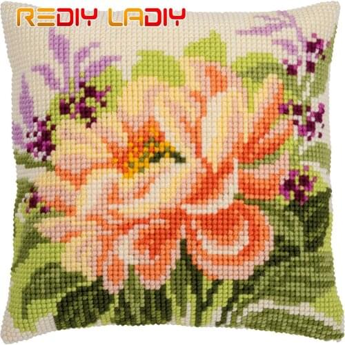 Cross Stitch Cushion Cover Peony Flowers Pillow Case Pre-Printed Canvas Thick Yarn Cross-stitch Kits Needlepoint Arts and Crafts