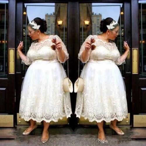 Lace Plus Size Short Wedding Dresses 2020 Tea Length A Line Bridal Gowns Illusion 3/4 Sleeves Women Wedding gown Vestidos Custom