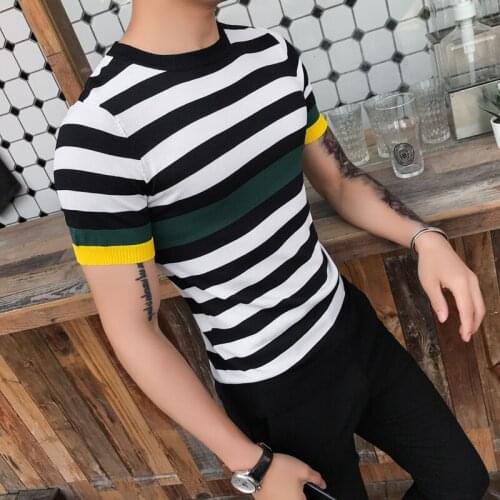 Summer Casual Tshirt Streetwear Tees Shirts Fashion Short Sleeve Striped Knitted T Shirt Male Slim Fit Business Camisetas Hombre