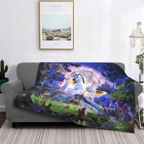 Moonlight Unicorn Blanket Flannel Textile Decor Rainbow Cute Portable Lightweight Throw Blanket for Sofa Travel Plush Thin Quilt