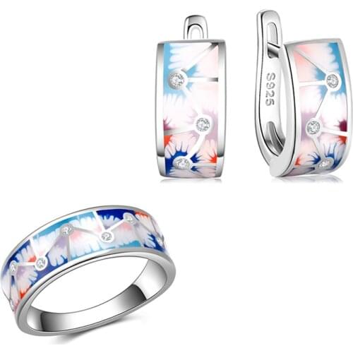 OGULEE Silver 925 Jewelry Sets for Women Earrings Rings Colorful Enamel Flowers Geometric Connection Zircon Bridal Wedding Gifts