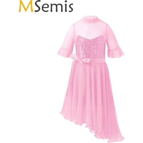Kids Sequins Mesh Irregular Ballet Figure Skating Dress Girls Lyrical Dance Dress Child Performance Competition Dance Costumes
