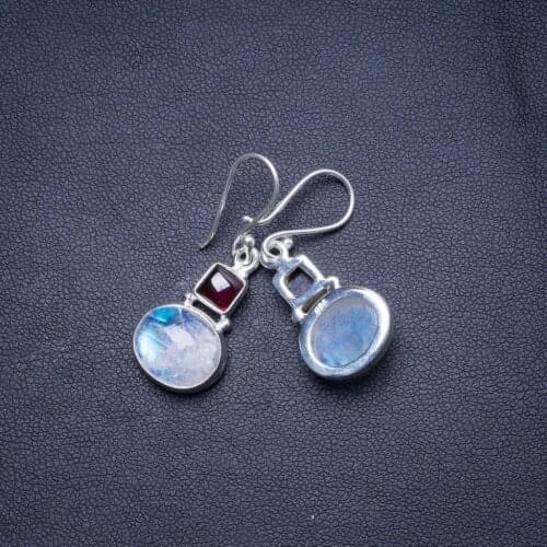 Natural Rainbow Moonstone and Amethyst Handmade Unique 925 Sterling Silver Earrings 1.25" X4699