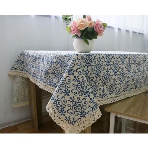 Retro Blue and White Table Cloth with Lace Cotton Print Chinese Style Rectangular Dinning Tablecloths Cover Home Decor