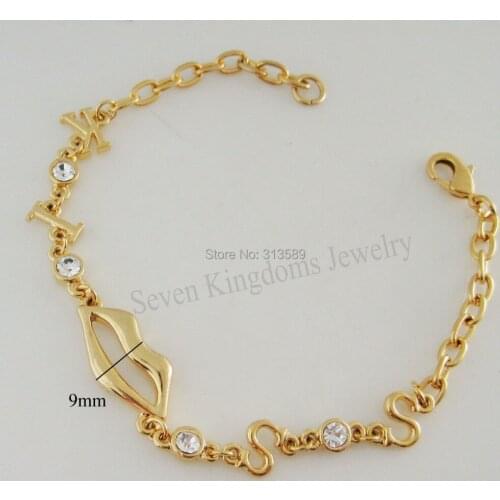 Mix Order 10$ get free shipping /NEW GREAT KISS WORD 7.9" - YELLOW GOLD GP OVERLAY FILL BRASS CZ STONE BRACELET/GREAT GIFT