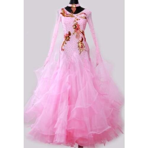 Standard Ballroom Dress Women New Custom Made Long Sleeve Waltz Ballroom Dance Competition Dresses orange pink red