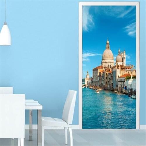 Home Decoration Door Sticker 3D Watery City Building Wallpaper Dining Room Living Room PVC Door Sticker Home Paste Vinyl Murals