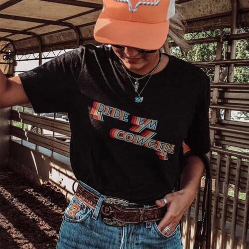 80s Retro Style Cowgirl Western Shirt For Women Black Short Sleeve Cotton Tees Plus Size Loose Round Neck Ins Fashion Tshirt