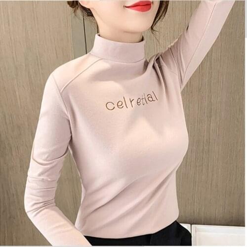 Full Sleeve T Shirt Womens Top Keep Warm Tees Embroidery Thick T-Shirts Turtleneck Base Shirt Skinny Lady All Match shirt 2021