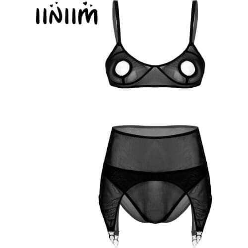 Women See-through Mesh Bra Set Sexy Lingerie Set Exotic Underwear Hollow Out Unlined Open Nipples Bra with Briefs Garter Belt