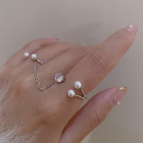 Chic Fashion Gold Silver Color Double Ring Link Chain Crystal Rings for Women Girls Elegant Bride Engagement Wedding Accessories
