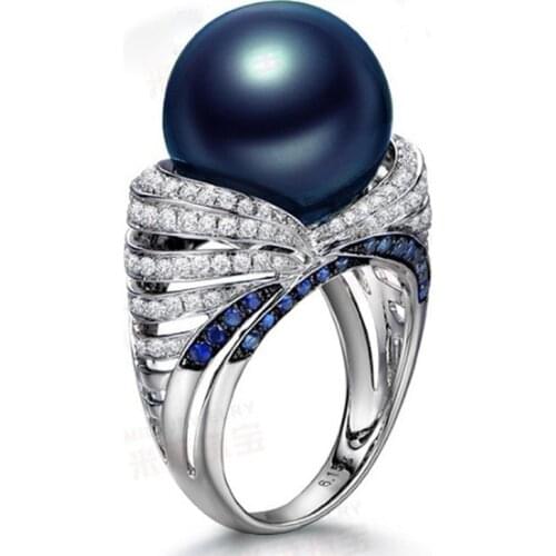 High Quality Silver Color Wedding Rings For Women Natural Freshwater Blue Colors Big Pearl Jewelry Fashion Zircon Ring