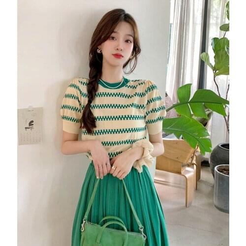 2021 Summer Womens Dress Sets Stylish Striped Knitted T Shirt+Pleated Skirt Casual Green Chic Dresses