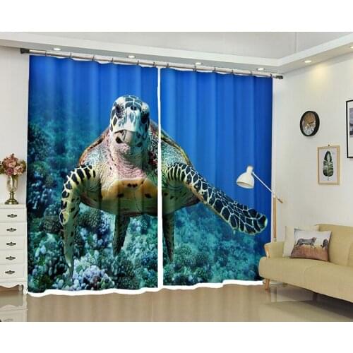 3D Window Curtains Blue sea turtle Luxury Blackout Living Room kids Bedroom Drapes Cortinas Rideaux Customized size pillowcase