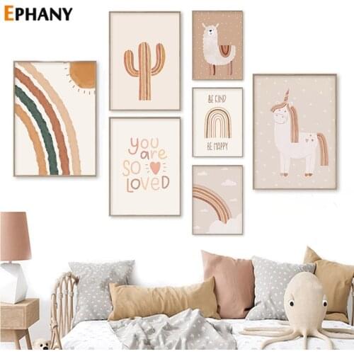 Boho Pictures Abstract Cactus Alpaca Canvas Print Rainbow Sun Painting Poster Nursery Wall Art for Baby Kid Room Decoration