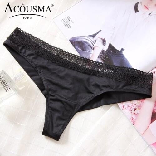 ACOUSMA Women G-String Hollow Out Lace Sexy T Back Thongs Panty Underwear Seamless Breathable Farbic Low Waist 8 Colors Optional