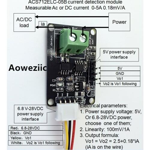 ACS712ELC-05B current detection module Measurable Ac or DC current 0-5A 0.18mV/A