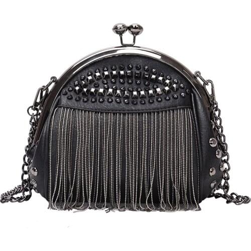 Annmouler Design Women Shoulder Bag Chain Pendant Crossbody Bag Punk Style Black Handbag Purse Small Tote Bag with Tassel