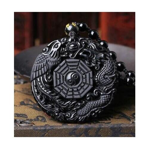FREE shipping> >>>>Natural Obsidian Dragon and Phoenix Necklace Pendant Fashion Lucky Amulet Hot