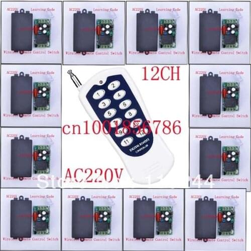 220V 1CH Radio Wireless Remote Control Switch light lamp LED ON OFF 12 Receivers&1transmitter Learning Code Output Adjusted