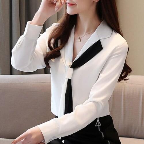 Blusas Mujer De Moda 2021 Bow V-neck Office White Blouse Ladies Tops Women Long Sleeve Chiffon Blouse Women Shirt Clothes C981