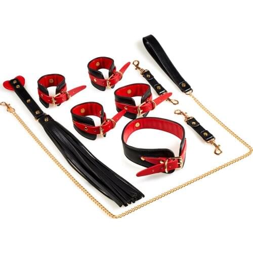 Black & Red Erotic Leather Bondage BDSM Kits Collar Handcuffs Shackles Whip Sex Products For Adults Games 18+ Sex Toys for Women