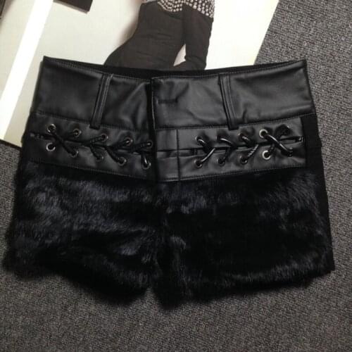 Black PU Leather Patchwork Faux Rabbit Fur Shorts Women Winter Autumn Casual Lace Up Leather Shorts Fashion Ladies Streetwear