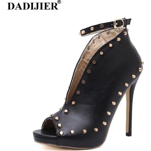 DADIJIER Women Shoes Peep Toe Booties High Heels Womens Shoes Ankle Boots Rivets Buckle Motorcycle Womens Boots Black12CM FM65