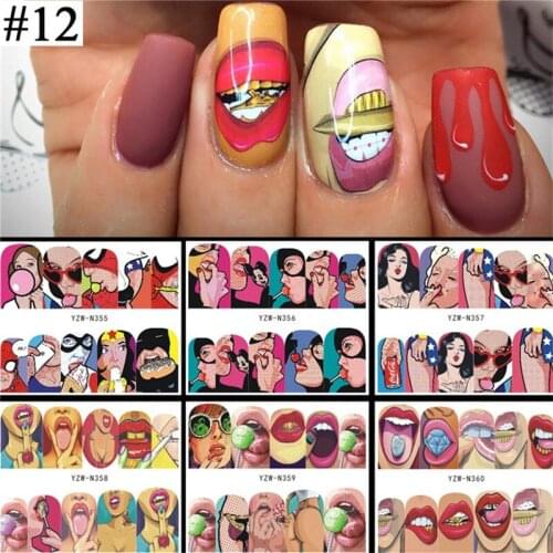 6 Designs in 1 Nail Sets Fashion Sticker Full Cover Lips Cute Printing Water Transfer Tips Nail Art Decorations 2021 New