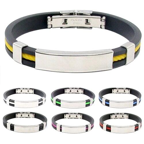 Hot! Mens Womens Cool Stainless Steel Rubber Wristband Bangle Clasp Cuff Bracelet