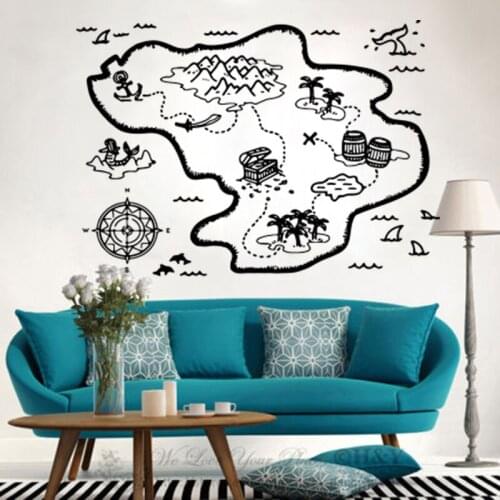 Cartoon Pirate Treasure Map Wall Decal Boy Kids Room Pirate Map Explore Adventure Time Wall Sticker Playroom Vinyl Decor