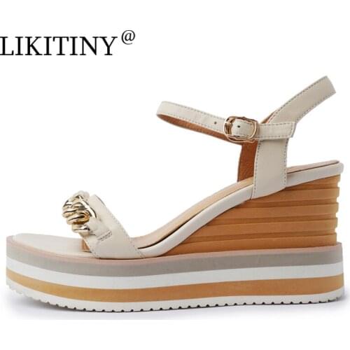 NEW LIKITINY 2021 Summer Leisure Sandals Womens shoes Genuine leather Comfortable Bohemia Metal Chain Wedges Ladies shoes