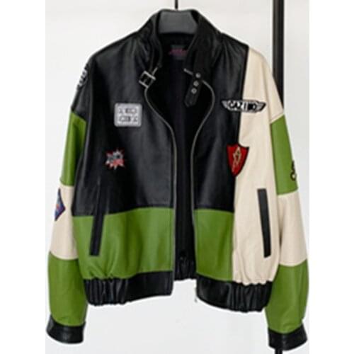 Spring new Leather Motorcycle Leather Jacket Womens sheep leather contrast stand collar Korean version of thin leather jacket